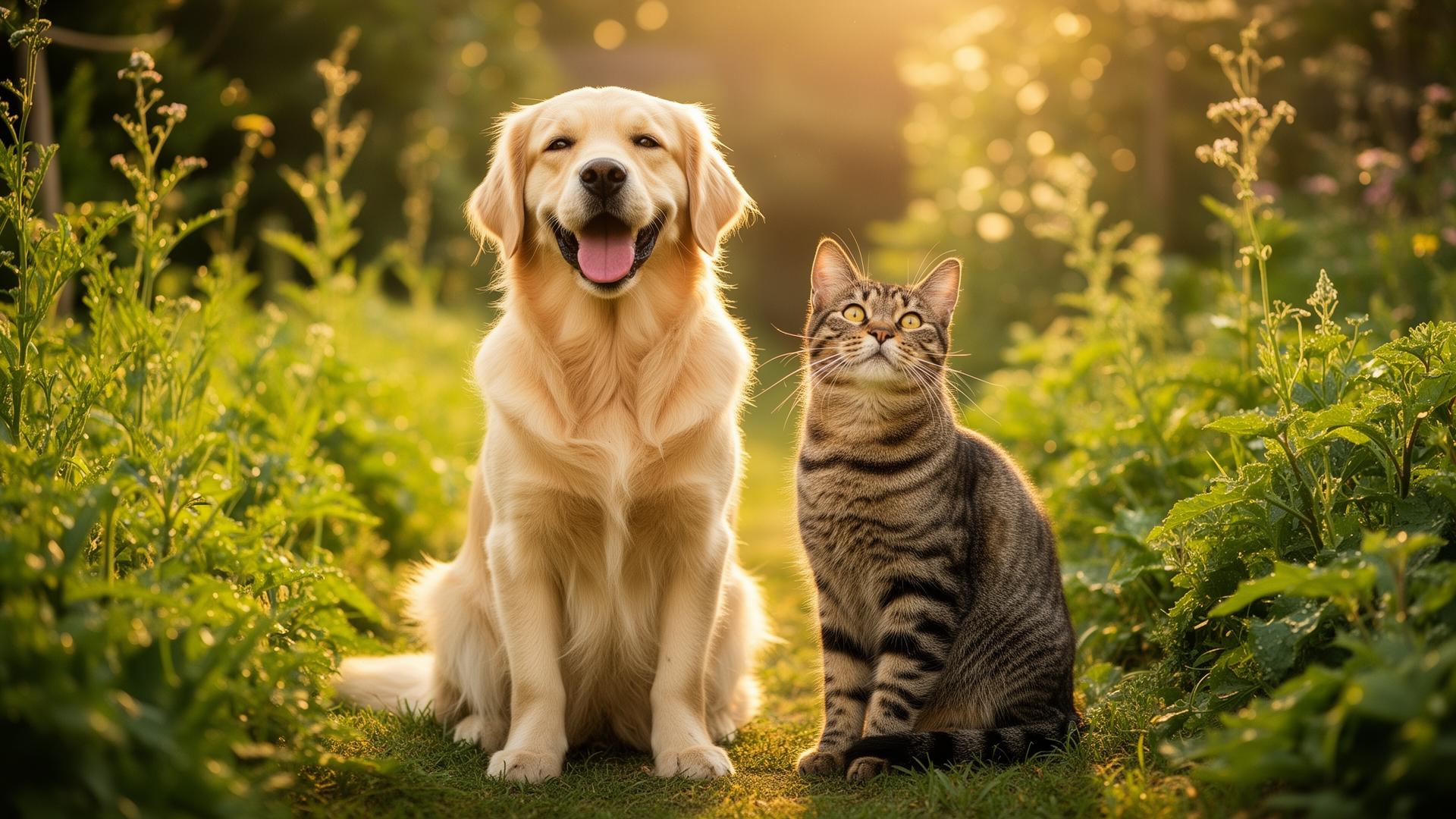 Chien et chat heureux ensemble dans un jardin ensoleillé - Edenzo, plateforme pour propriétaires d'animaux de compagnie en France